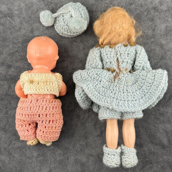 Two (2) Vintage Dolls 7" Girl and 5" Baby Hand Crocheted Dress Clothes AS IS - Picture 5 of 8